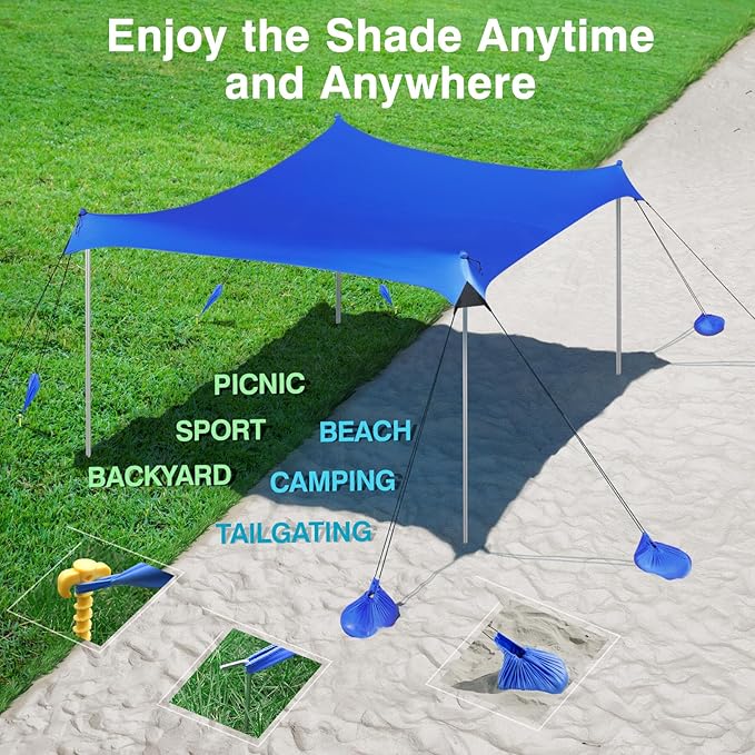 Rhino Valley Beach Tent Sun Shelter, 10x10FT Beach Canopy Tent Sun Shade UPF50+ Protection with 8 Sandbags 4 Stability Poles, Outdoor Beach Shade Canopy 6-8 People for Beach Camping Fishing