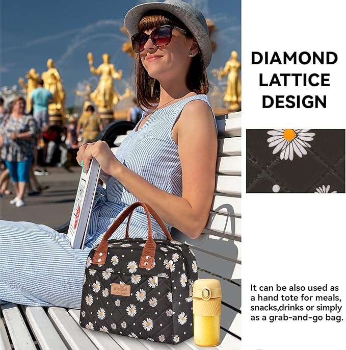 HOMESPON Insulated Lunch Bag for Women Men Adults Lunch Tote with Front Pocket Lunch Box Container Cooler Bag for Work Picnic (Black Daisy)