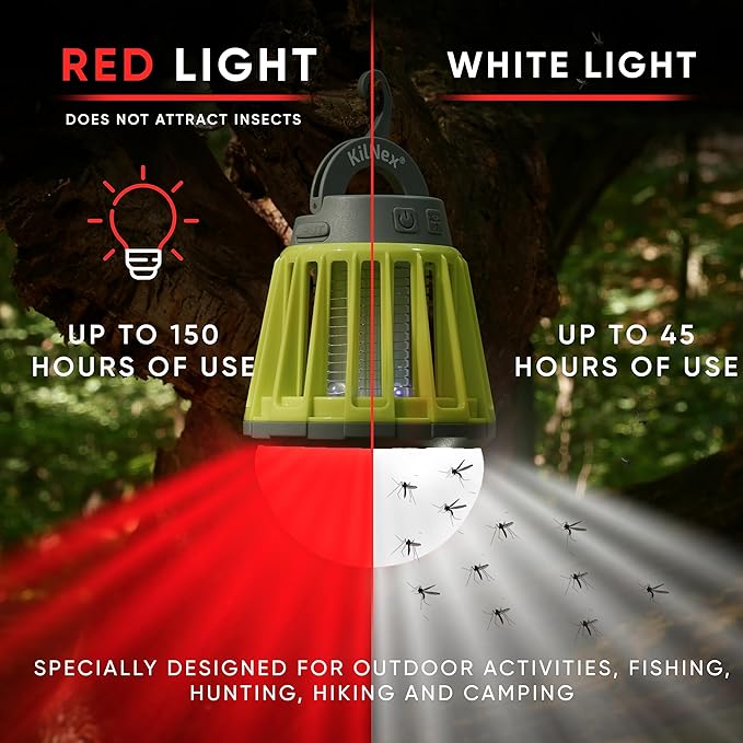 Camping Lantern with Mosquito Protection | Rechargeable Battery, USB Type-C Charging | Waterproof IP67 | White and Red Light | Compact Portable for Camping, Hiking, Fishing
