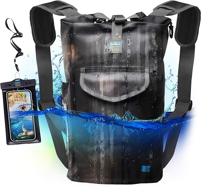 Luck route Dry Bag - Waterproof Backpack for Kayaking, Boating and Fishing - Quick-Access Outer Pocket & 500D Tear Resistance PVC