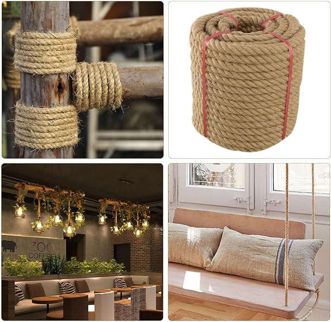 Thick Twisted Manila Ropes 1.5Inch×50ft Natural Jute Rope Heavy Duty Hemp Rope for Swing Bed, Crafts, Railing, Tug of War, Landscaping, Gardening, Bundling, Hammock, Home Decorating