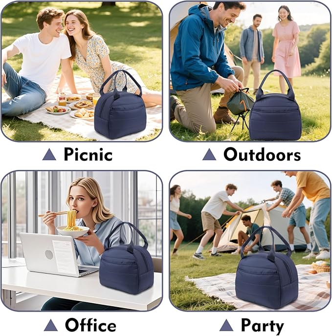Lunch Bag Lunch Box for Women Men Adult Insulated Cute Small Quilted Puffer Lunchbox Reusable Thermal Lunch Cooler Tote Bag for Work, Picnic or Travel-Navy