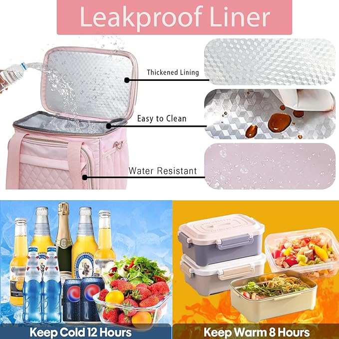 GLENKEY Expandable Lightweight Insulated Lunch Box for Women, Double Deck Large Lunch Bag Leakproof Soft Cooler Bags with Shoulder Strap for Adults Work Office Flight Beach Travel, Pink, 16L