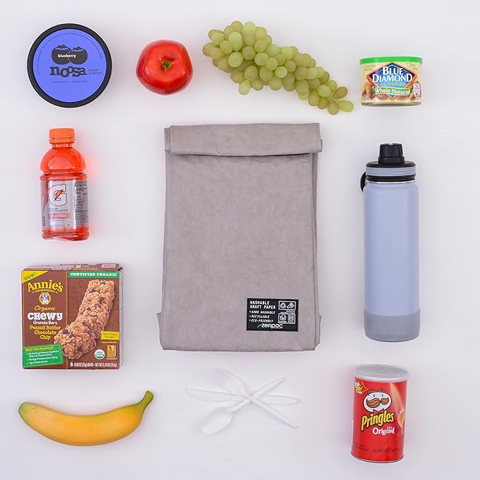 ZENPAC Small Silver Insulated Bag, Lunch Box for Men, Unisex, Designer Kraft, Washable, Spill Proof Sandwich Sack for Work, School, Picnic, 8.5x4.5x12