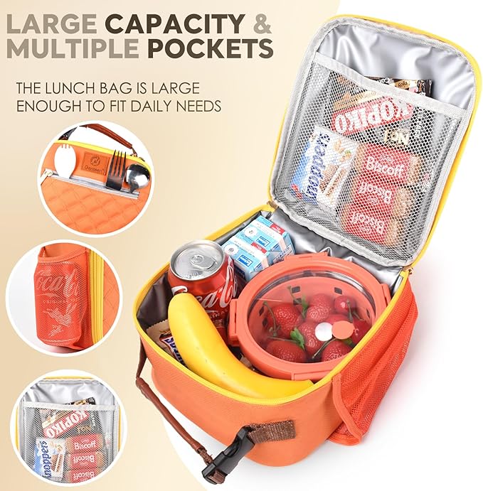 Lunch Box Reusable Lunch Bag for Men Women Kids Adults,Insulated Lunch Bag Waterproof Lunch Box Cooler,Small LunchBox With Side Pockets for Work Office School Travel Picnic-Orange