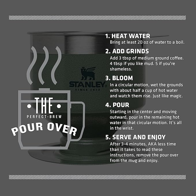 STANLEY Perfect Brew Pour Over | Manual Single Cup Coffee Maker | Drip Coffee Maker with Reusable Filter | Easy Clean Stainless Steel | BPA-Free | Hammertone Green (Pack of 4)