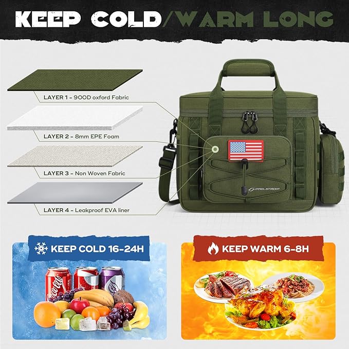 Maelstrom Large Tactical Lunch Box for Men,Insulated Lunch Bag, Leakproof Soft Cooler Bags with Detachable MOLLE Bag,Durable Lunch Tote for Adult Women Work,Picnic,30 Cans/20 L, Army Green