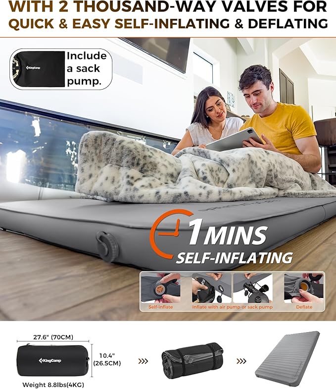 KingCamp Self Inflating Sleeping Pad for Camping Ultra Thick Double Single Foam Mattress High R Value Camping Air Pad Mat, Multi Colors & Sizes