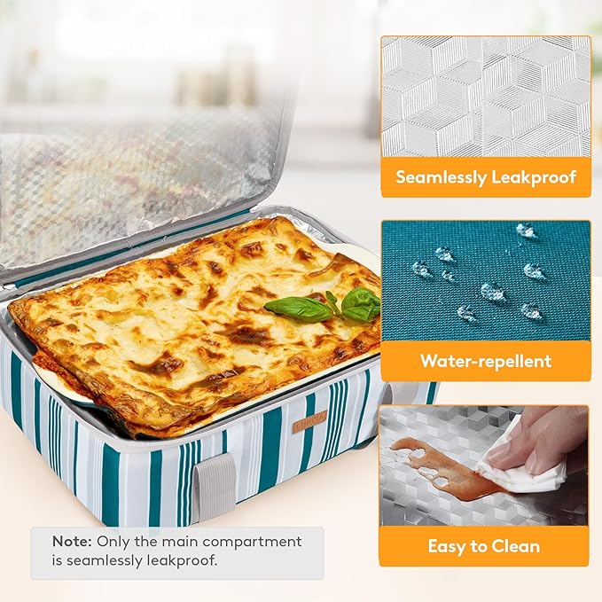 Insulated Casserole Carrier for Hot or Cold Food, Lasagna Lugger Tote for Potluck Parties/Picnic/Cookouts, Fits 9"x13" Baking Dish, Green