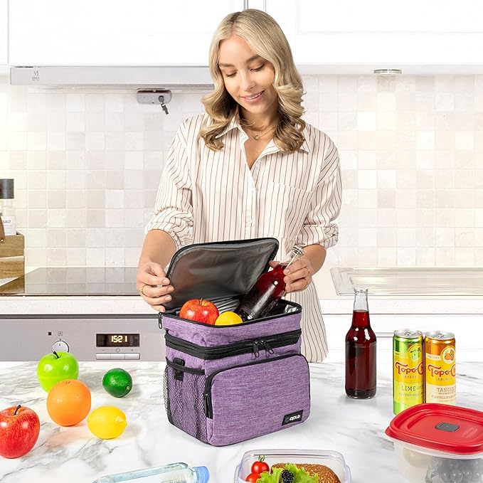 opux Insulated Lunch Bag for Men Women, Large Dual Compartment Cooler Bag, Soft Two Deck Lunch Box for Work School Picnic, Leakproof Lunch Tote with Shoulder Strap for Kid Adult (Purple, Double Deck)