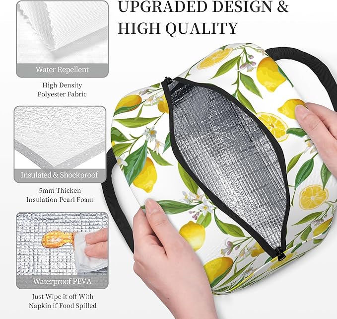 Lemon Lunch Bag Lunch Box for Women Men Boys Girls, Reusable Insulated Lunch Tote Bag, Leakproof Thermal Cooler Sack Food Handbags High Capacity for Work School Picnic Camping Gifts