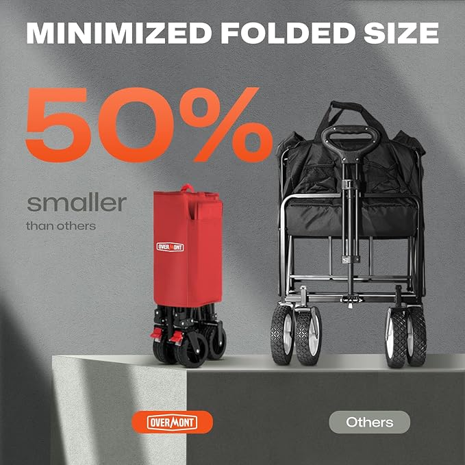 Overmont Collapsible Wagon Cart with Wheels - 220L Foldable Heavy Duty Wagon with Big All-Terrain Wheels - 330Lbs Weight Capacity with Side Pockets for Camping Sports Garden Grocery Shopping red