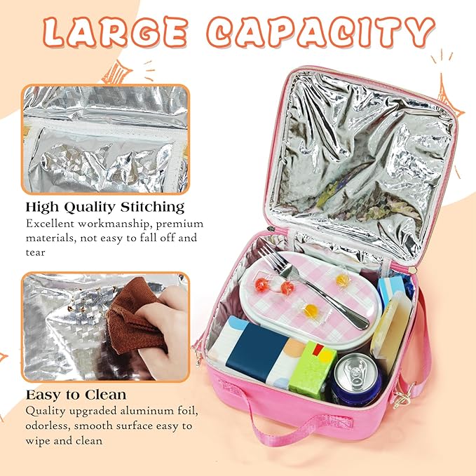 Insulated Lunch Bag Women Lunch Box Kids for Teen Girls Boys, Cute Preppy Lunch Boxes With Adjustable Shoulder Strap, Waterproof Nylon Lunchbox Lunch Bags for School Work Picnic (Pink)