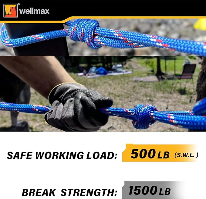 Wellmax Diamond Braid Nylon Rope - 3/8 Inch by 50 Feet Blue Color - Extra Strength, Sunlight and Weather Resistant - Heavy Duty Construction
