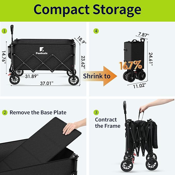 180L Collapsible Wagon with Wheels, Feelnais Folding Wagon Cart with Adjustable Handle, Foldable Utility Wagon for Grocery Shopping Camping Outdoor Sports Beach Garden