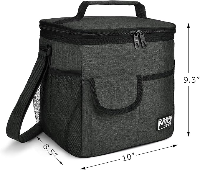 Tirrinia Large Insulated Lunch Bag for Women Men, 10L Leakproof Thermal Reusable Lunch Box for Adult, Tall Meal Prep Lunch Cooler Tote with 4 Pockets for Office Work, Black