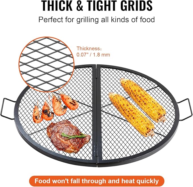 VEVOR Fire Pit Cooking Grill Grate 36 Inch, Foldable Round Cooking Rack, Heavy Duty X-Marks Campfire BBQ Grill with Portable Handle & Support Wire for Outdoor Picnic Party & Gathering, Black