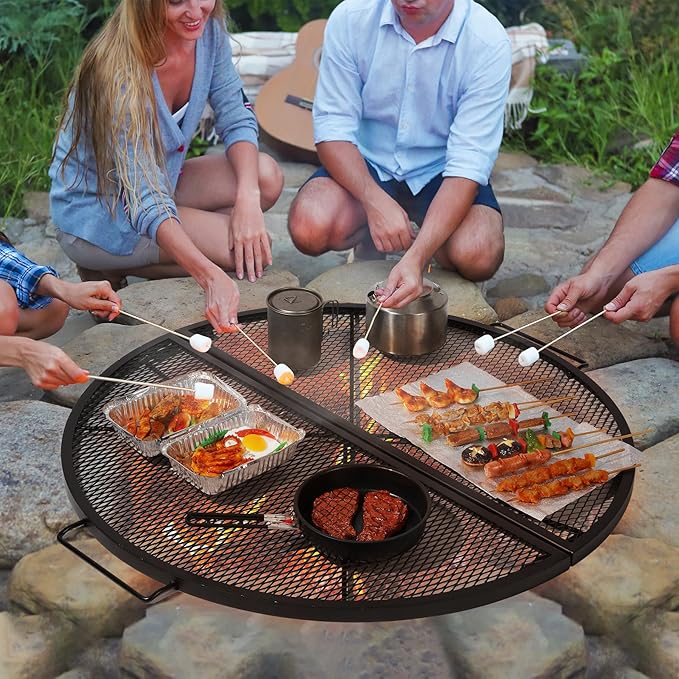 Lineslife X-Marks Fire Pit Cooking Grill Grates Portable, Heavy Duty Foldable Round Campfire Grill Grate, Firepit Grill Grate with Handles, Ideal for Outdoor BBQ Picnics, 36 Inch Black