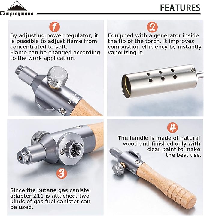 CAMPINGMOON Camping Grill Torch Dual Fuel Head Flame Adjustable for Charcoal Starter with Storage Case MT-3955/I-1010 (Butane + Isobutane)