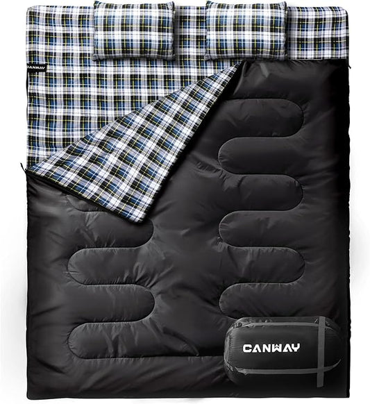 CANWAY Double Sleeping Bag Flannel for Adults Cold Weather Queen Size Two Person Sleeping Bags for Camping with 2 Pillows