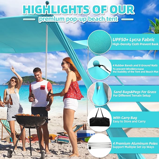 Beach Tent Sun Shelter UPF50+, 10x10 FT Family Beach Shade Canopy with 4 Aluminum Poles, Beach Blanket, Carrying Bag and Sand Shovel, Outdoor Pop Up Tent for Beach Camping Trips