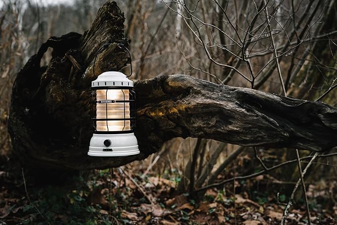 Barebones Forest Lantern – Vintage White, Vintage Rechargeable LED Lantern with Adjustable Brightness – Battery Operated Camping Light for Outdoor Adventures, Backyard Gatherings, and Emergency Use