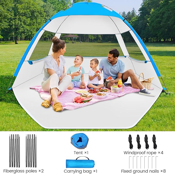Beach Tent Sun Shelter for 3/4 Person, UPF 50+ UV Protection Beach Canopy, Lightweight & Easy Setup Beach Shade Canopy, Portable Beach Cabana