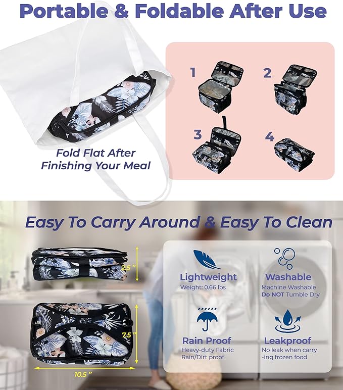 SUNNY BIRD Insulated Lunch Bag with Foldable and Leakproof Design, Thermally Insulated, Shoulder Strap for Women, Men and Teen (Hibiscus)