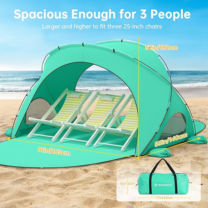 Beach Tent Sun Shelter, Beach Shade Tent with UPF50+ UV Protection, Beach Sun Shelter, Beach Shade with 2 Zippered Doors, Portable Beach Tent for Beach Camping Fishing