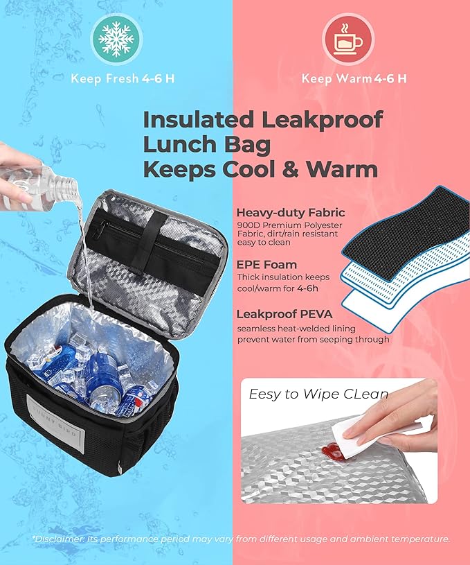 SUNNY BIRD Insulated Lunch Bag with Foldable and Leakproof Design, Thermally Insulated, Shoulder Strap for Women, Men and Teen (Black 002)