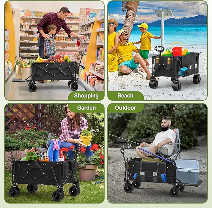 ZENPETIO 49" Collapsible Wagons Carts Foldable with Tailgate, 300L Heavy Duty Folding Wagon Cart with Big All-Terrain Beach Wheels, 360 LBS Capacity Portable Utility Wagon for Garden Outdoor Camping