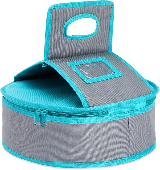 Insulated Round Thermal Casserole Food Carrier for Lunch, Lasagna, Potluck, Picnics, Vacations - Teal and Grey