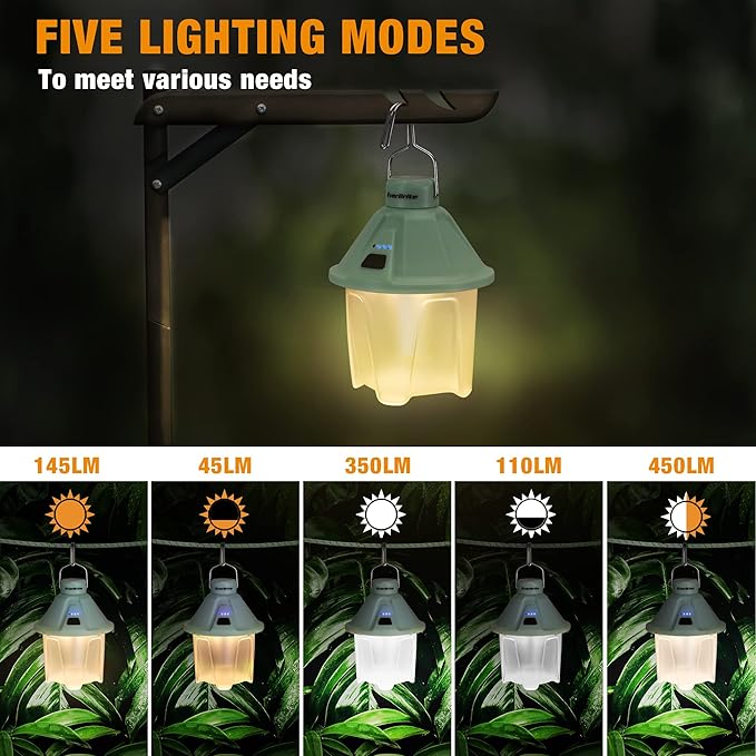 EverBrite 450LM Camping Lantern, USB C Rechargeable Camping Lantern with Magnetic Top&Hanging Hook, 5 Lighting Modes, for Christmas Decorations, Camping, Barbecue, Hiking and Reading, Pack of 2