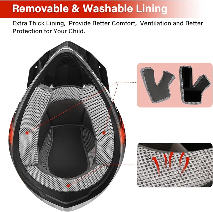 TCT-MOTORPARTS DOT Youth Kids Motocross ATV Helmets Offroad Street Dirt Bike Go-Kart BMX MX Full Face Helmet Black w/Red Fireworks Medium Size