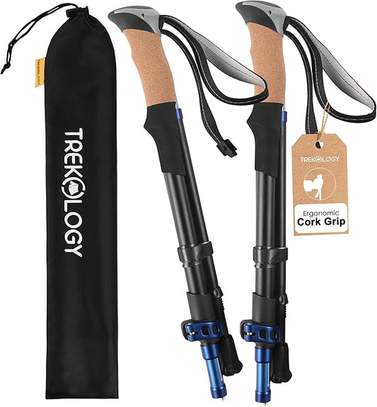 TREKOLOGY Hiking Poles with Real Cork Grips, Adjustable for Heights 5'2'' to 6'5'' – Lightweight Trekking Poles, Aircraft-Grade Aluminum, Compact Fold for Hiking & Backpacking (2pc Set) TREKZ Cork SE