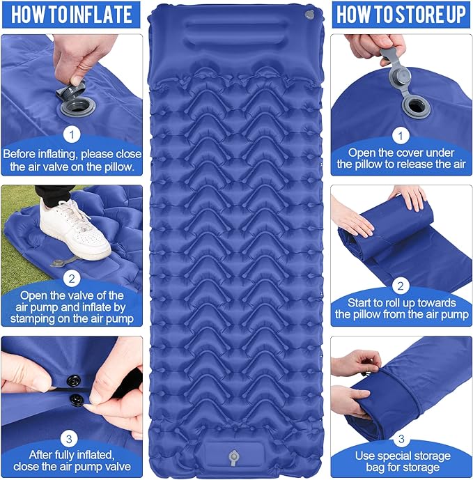 Sleeping Pad, Ultralight Inflatable Sleeping Pad for Camping, Built-in Pump, Ultimate for Camping, Hiking, Airpad, Carry Bag, Repair Kit, Compact & Lightweight Air Mattress(Blue)