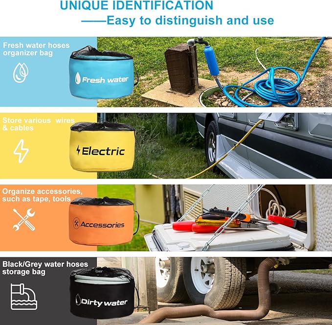 RV Hose Storage of 4 Pack, RV Accessories Storage Bag with 4 Storage Straps for Sewer Hoses/Fresh Water Hoses/Electrical Cords/Camper Tools Accessories