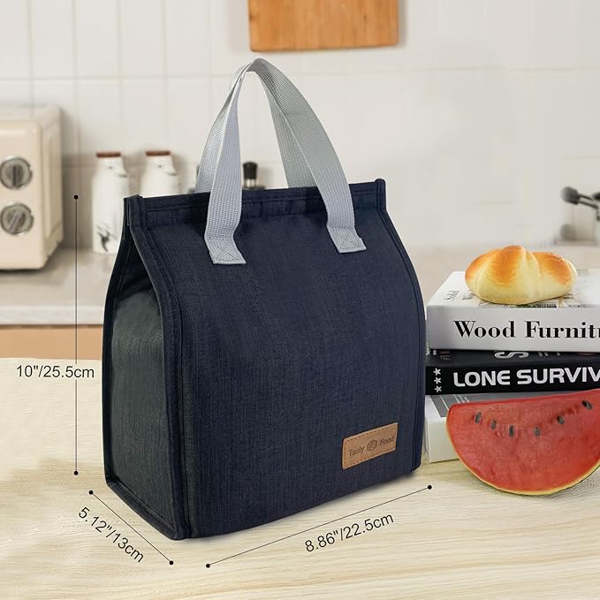 Mziart Minimalist Lunch Bag, Reusable Insulated Bag for Women Men Box Container Leakproof Simple Bento Tote Adults Cooler Work Office Picnic or Travel (Black) M23HK-LB-005-JJ