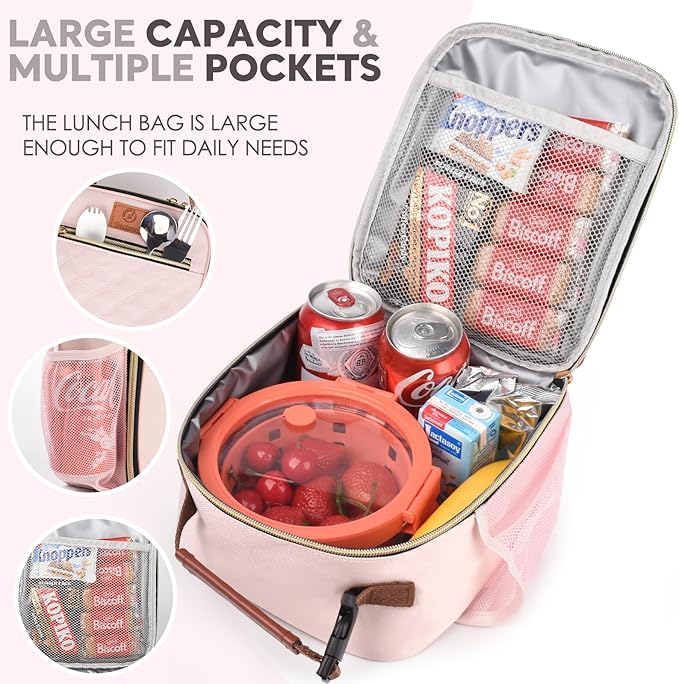 Lunch Box for Women Men Kids Girls Teen Adults,Insulated Lunch Bag with Bottle Holder,Small Lunch Box Cooler Lightweight Reusable LunchBox for Work Office School Travel Picnic-Light Pink