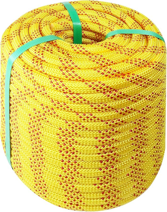 Rigging Rope 1/2 in x 150 Ft Double Braided Polyester Rope Polyester Braided Arborist 48 Strands for Various Outdoor Applications Construction Climbing Swing Sailing (Yellow, 1/2X150FT)