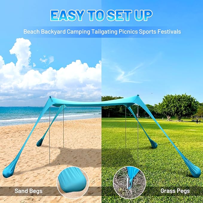 BOTINDO Family Beach Tent Canopy Sun Shade, Pop Up Grande Beach Tent Sun Shelter Stability 4 Poles with Portable Carry Bag Outdoor Shade for Fishing Backyard Camping (Turquoise, 10x10FT 4Pole)