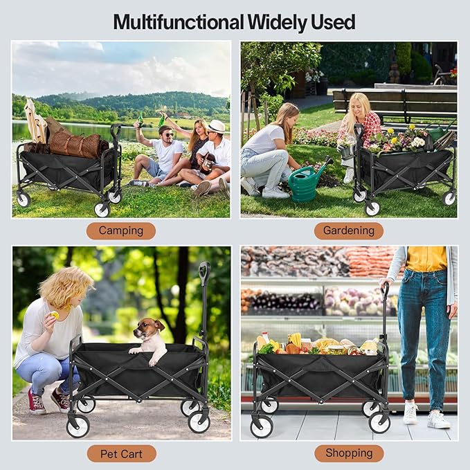 LUBBYGIM Collapsible Folding Wagon with Large Capacity, Utility Wagon Cart Heavy Duty Foldable, Portable Garden Cart for Beach Camping Shopping Sports (Black, 1 Year Warranty)
