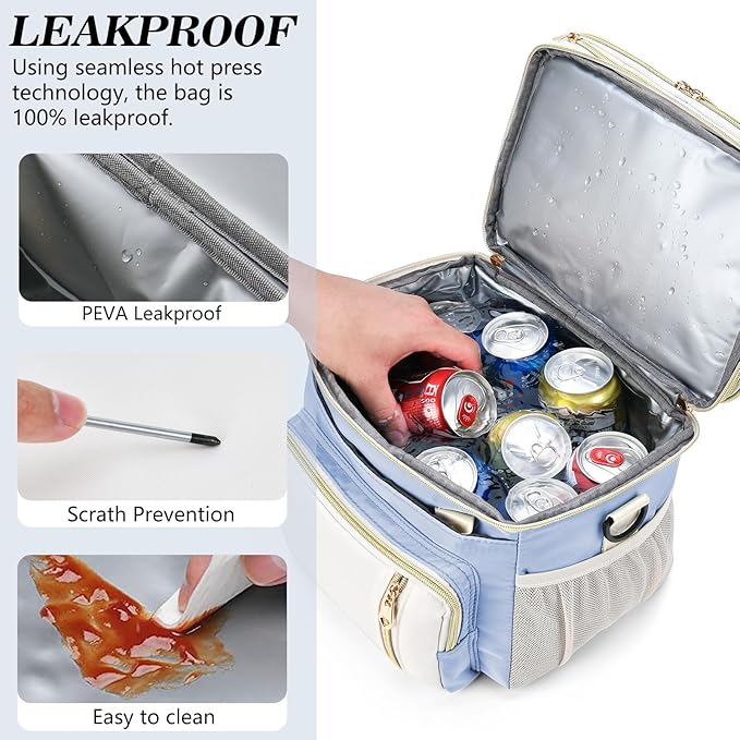 Lunch Box & Lunch Bag for Women, Large Insulated Adult Lunch Box Leakproof Lunchbox Cooler Bag for Work Picnic Beach,16L, Sky Blue & White