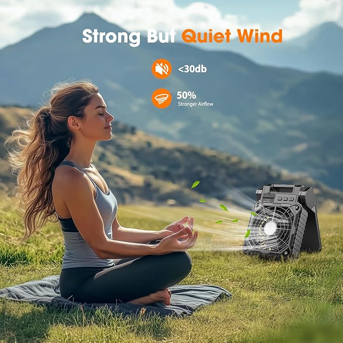 Solar Camping Fan with LED Lantern,10400mAh Rechargeable Battery Powered with Solar Panel and Emergency Power Bank, Perfect Quiet Battery Operated Tent Fan for Picnic, Barbecue, Fishing, Travel