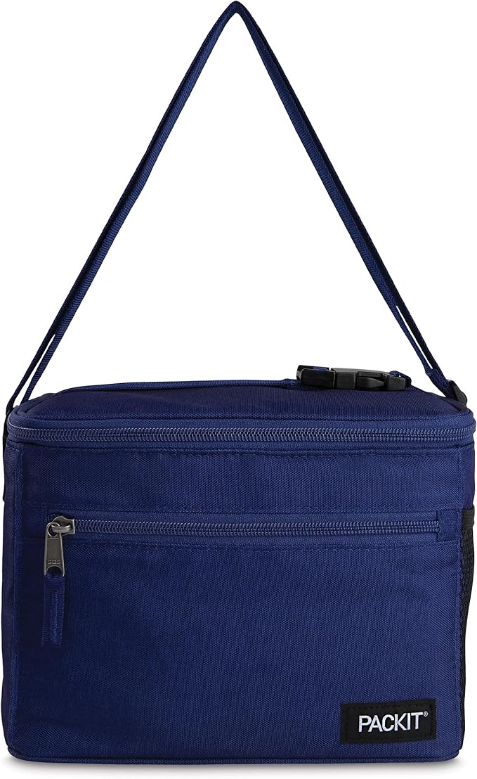 PackIt Freezable Essential Cooler, True Blue, Built with ECOFREEZE Technology, Fully Freezable, Collapsible, Reusable, With Adjustable Crossbody Strap, Top Clip Handle, Designed for Fresh Office