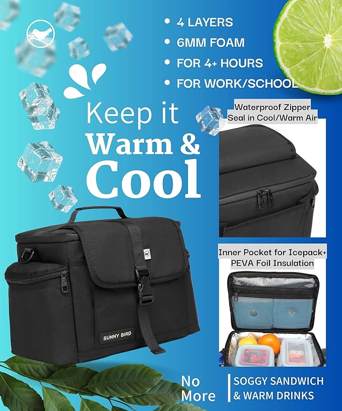 SUNNY BIRD Insulated Lunch Bag Tactical Lunch Box Cooler for Men and Women (Black)