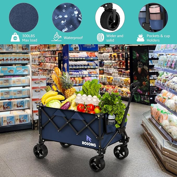 Folding Wagon Cart with Wheels Foldable - Collapsible Wagons Carts Heavy Duty, Fold Up Portable Utility Wagon for Grocery Beach Sports Fishing Camping Shopping Navy