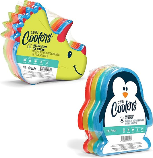 Fit & Fresh Cool Coolers Kids Lunch Box Ice Packs, Slim Ice Packs for Lunch Bags, Multicolored Penguin and Dinosaur Set, 8PK