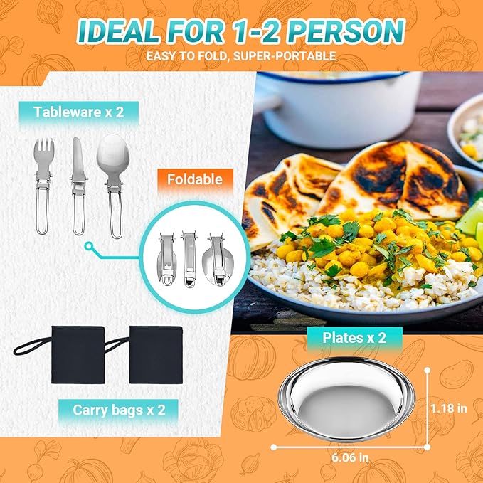 KingCamp Camping Cookware, Lightweight Cook Set Non-Stick Stainless Steel Essentials Mess Kit with Pot Pan Cups Plates Forks Knives Spoons for Camping Backpacking Outdoor Picnic