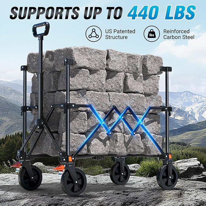 Elegear Wagon Cart Foldable Collapsible 440LBS - Adjustable Capacity from 100L to 200L - Heavy Duty Utility Beach Wagon with All-Terrain Wheels & Smallest Folding Design for Camping Sports Shopping